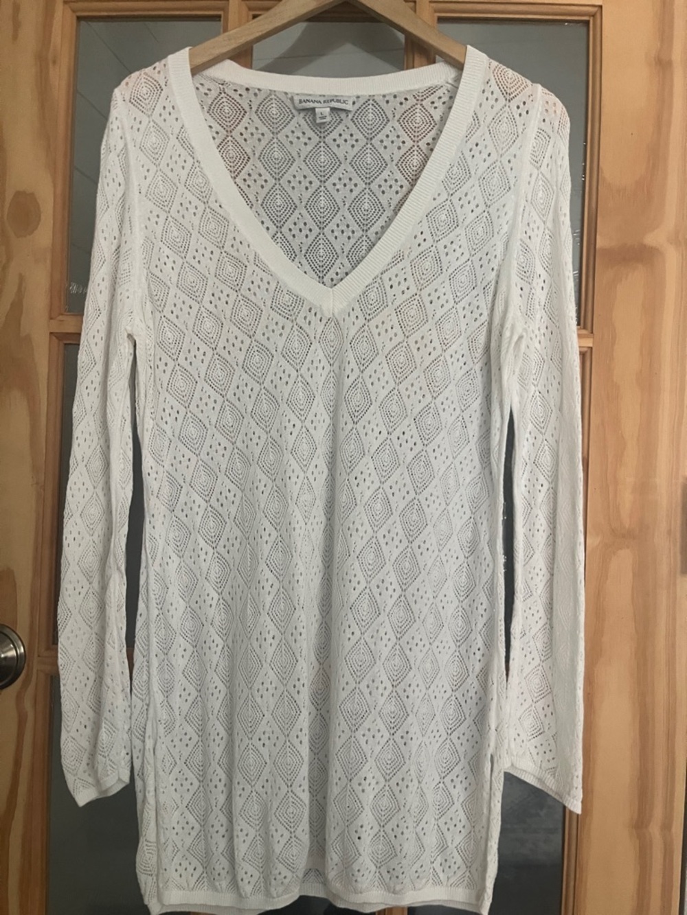 Banana Republic White Crochet/lace open Knit Tunic Top Sz Large long sleeve